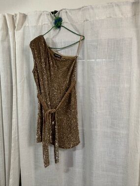 Retrofete Ella Sequin Mini Dress One Shoulder Sleeveless Metallic Bronze size S